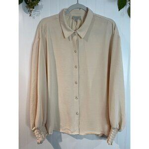 Chenault Womens XL Beige Long Sleeve Button-Up Blouse With Smocked Cuffs